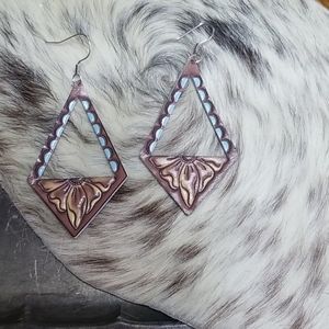 Tooled Kite Window Leather Earrings Western Ranch